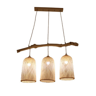 Lampe à pendentif en rotin à trois têtes, lampe de restaurant en bambou tissée 3500K