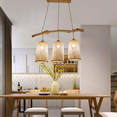 Lampe à pendentif en rotin à trois têtes, lampe de restaurant en bambou tissée 3500K