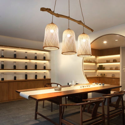 Lampe à pendentif en rotin à trois têtes, lampe de restaurant en bambou tissée 3500K