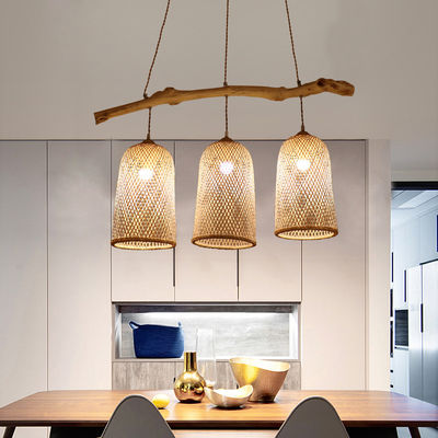 Lampe à pendentif en rotin à trois têtes, lampe de restaurant en bambou tissée 3500K