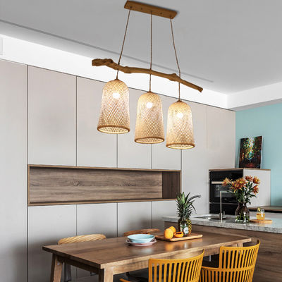Lampe à pendentif en rotin à trois têtes, lampe de restaurant en bambou tissée 3500K