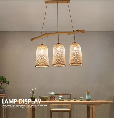 Lampe à pendentif en rotin à trois têtes, lampe de restaurant en bambou tissée 3500K