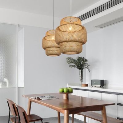 3500K Ronde Bambou Tissage LED Pendant Lumière, Ronde Rattan Lumière OEM ODM