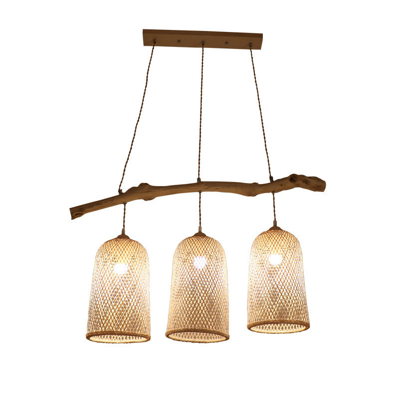 Lampe à pendentif en rotin à trois têtes, lampe de restaurant en bambou tissée 3500K
